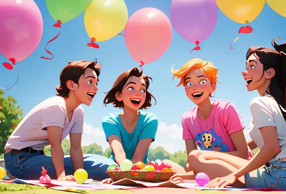 A group of friends laughing together amidst a colorful outdoor picnic, wearing casual summer clothes, surrounded by playful balloons..