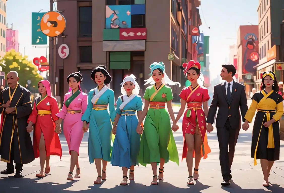 A diverse group of people holding hands, wearing different cultural outfits, against a vibrant city backdrop.