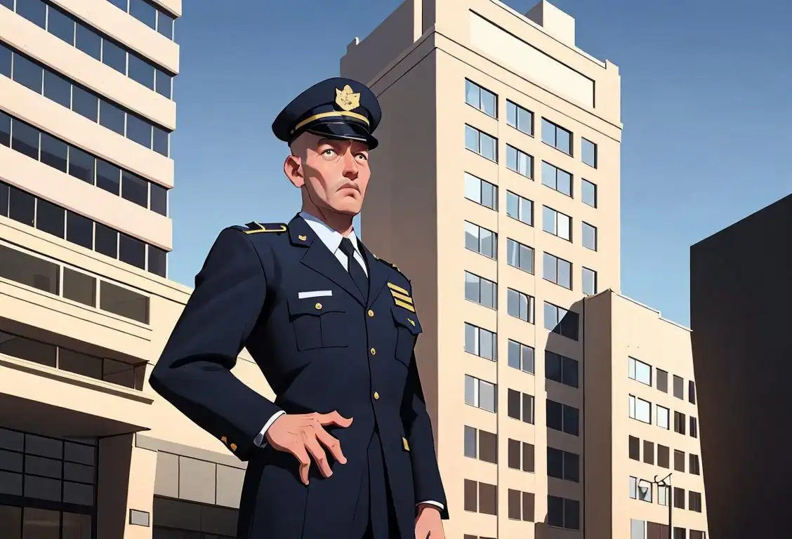 A security guard standing tall, dressed in a sharp uniform, with a secure office building in the background..