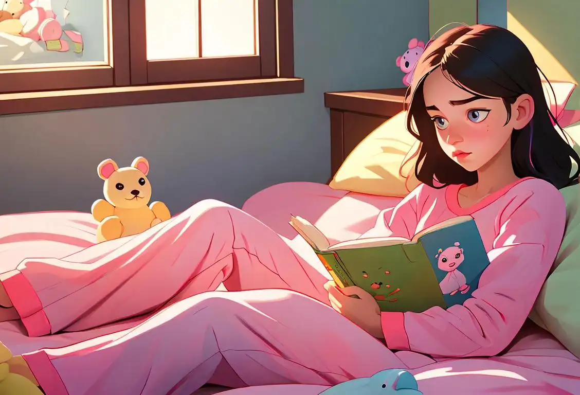 Young girl wearing colorful pajamas, surrounded by stuffed animals, reading a bedtime story in a cozy bedroom setting..