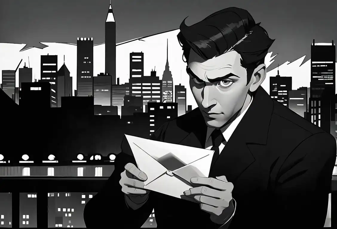 A person cautiously looking over their shoulder, holding an envelope, with a city skyline in the background, dressed in stylish noir fashion..