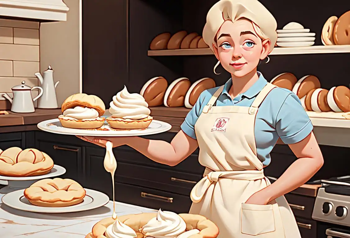 A person in a bakery apron holding a rolling pin, surrounded by different types of cream pies, with a delightful kitchen scene in the background..
