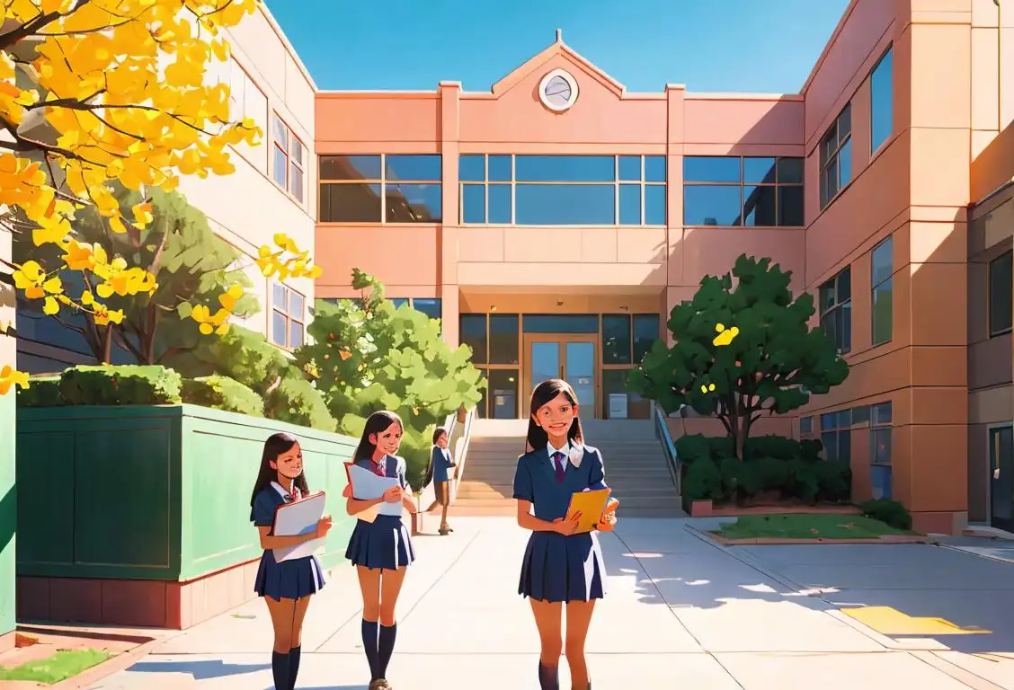 Cheerful students holding textbooks, wearing school uniforms, standing in front of a vibrant school campus..