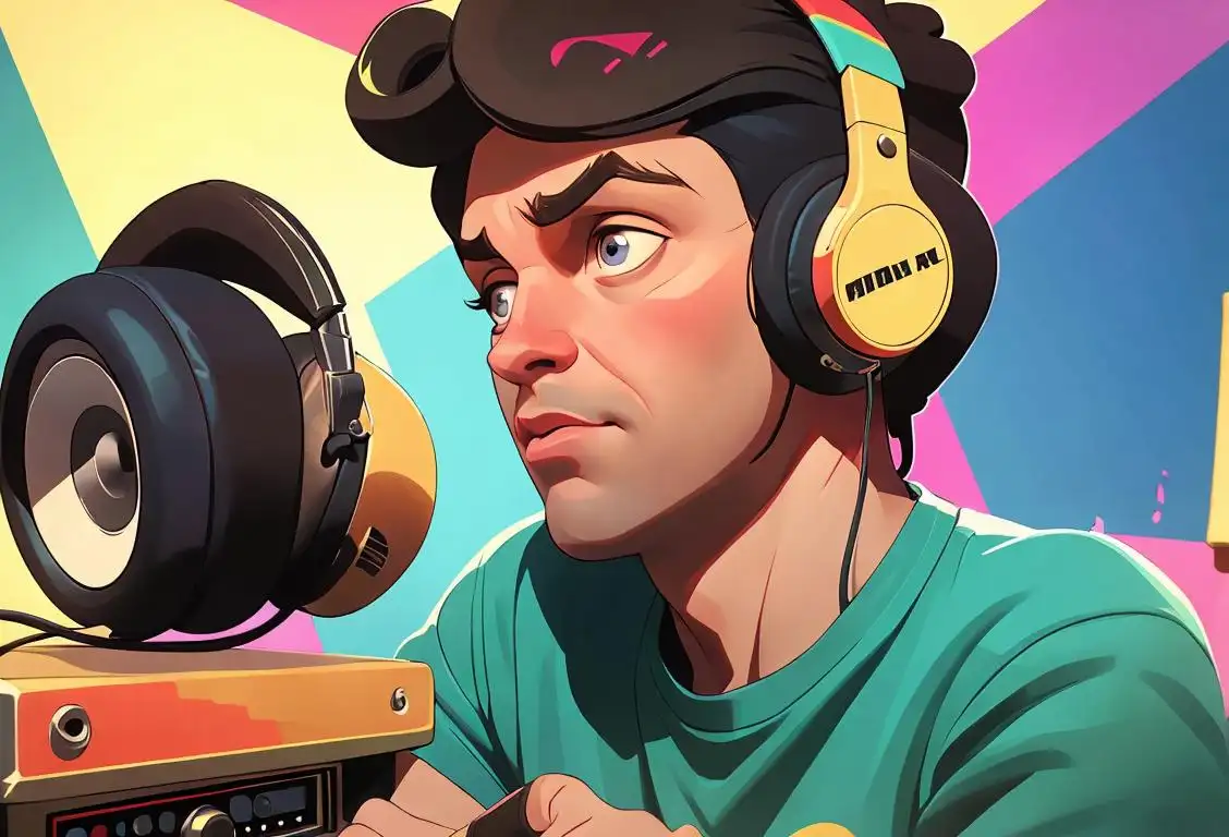 A radio DJ with headphones, wearing a vintage t-shirt, colorful retro style backdrop..