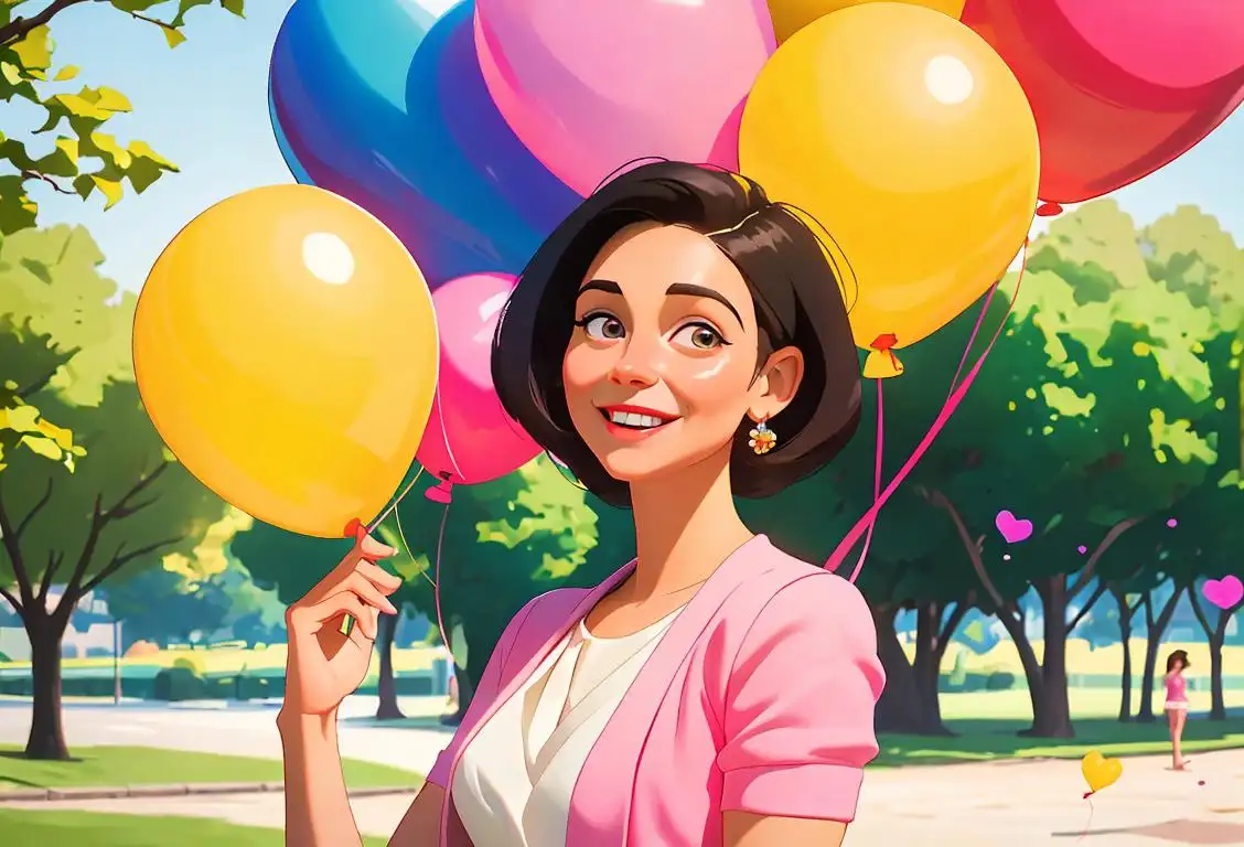 Young woman named Paula Reid smiling brightly, wearing a stylish dress, surrounded by colorful balloons in a park scene..