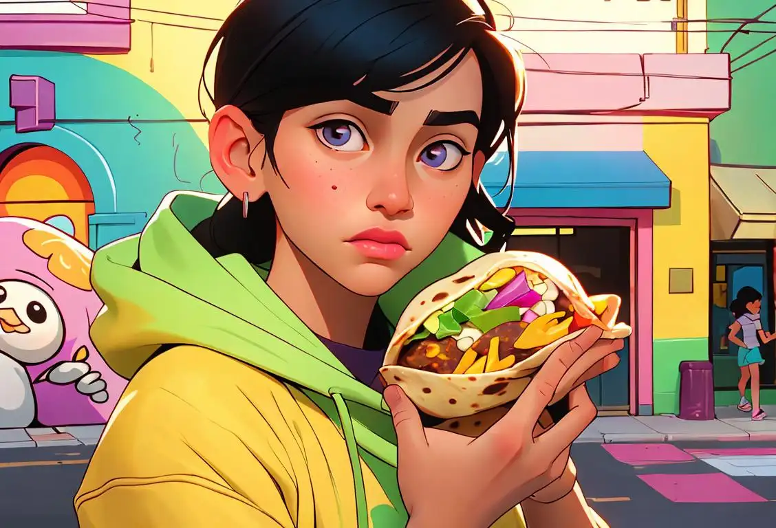Young person holding a burrito with colorful ingredients, urban street setting, casual fashion with a hint of Mexican influence..