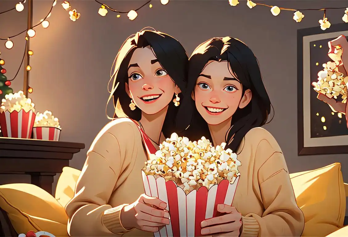 Happy individuals wearing popcorn string necklaces in a festive living room decorated with popcorn garlands and twinkling lights..