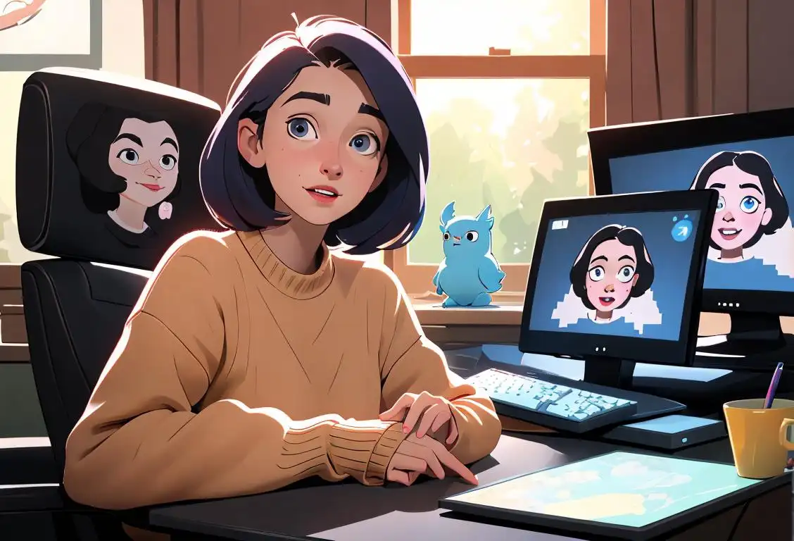 Happy young woman at her computer, wearing a cozy sweater, surrounded by internet memes and popular social media icons..