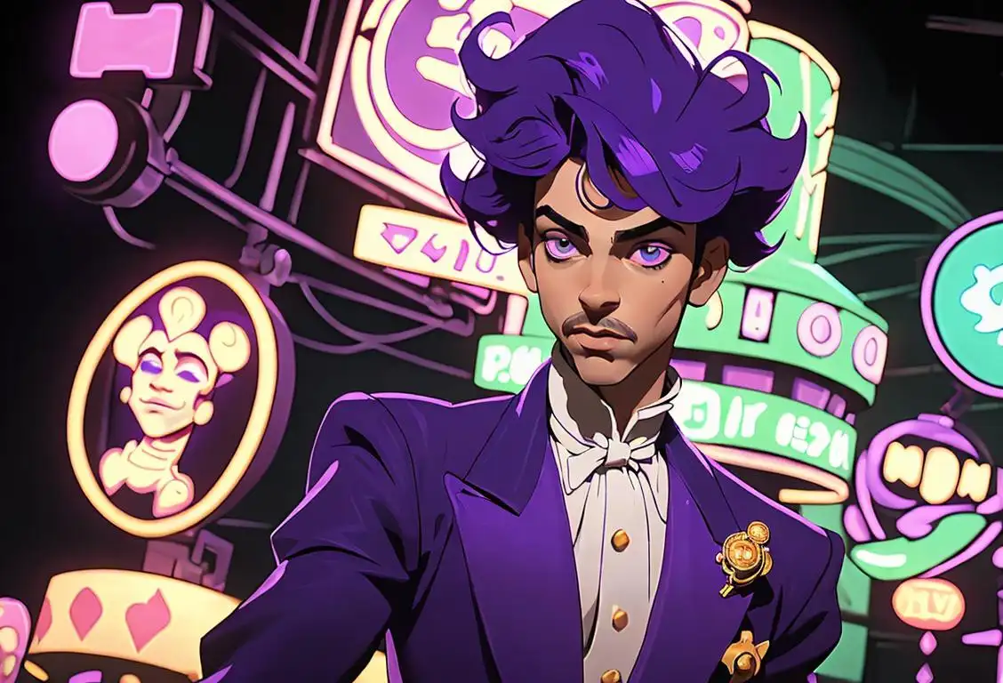 A charismatic young man, dressed in extravagant purple attire, rocking a funky hairstyle, grooving to the rhythm of Prince's music, surrounded by neon lights..