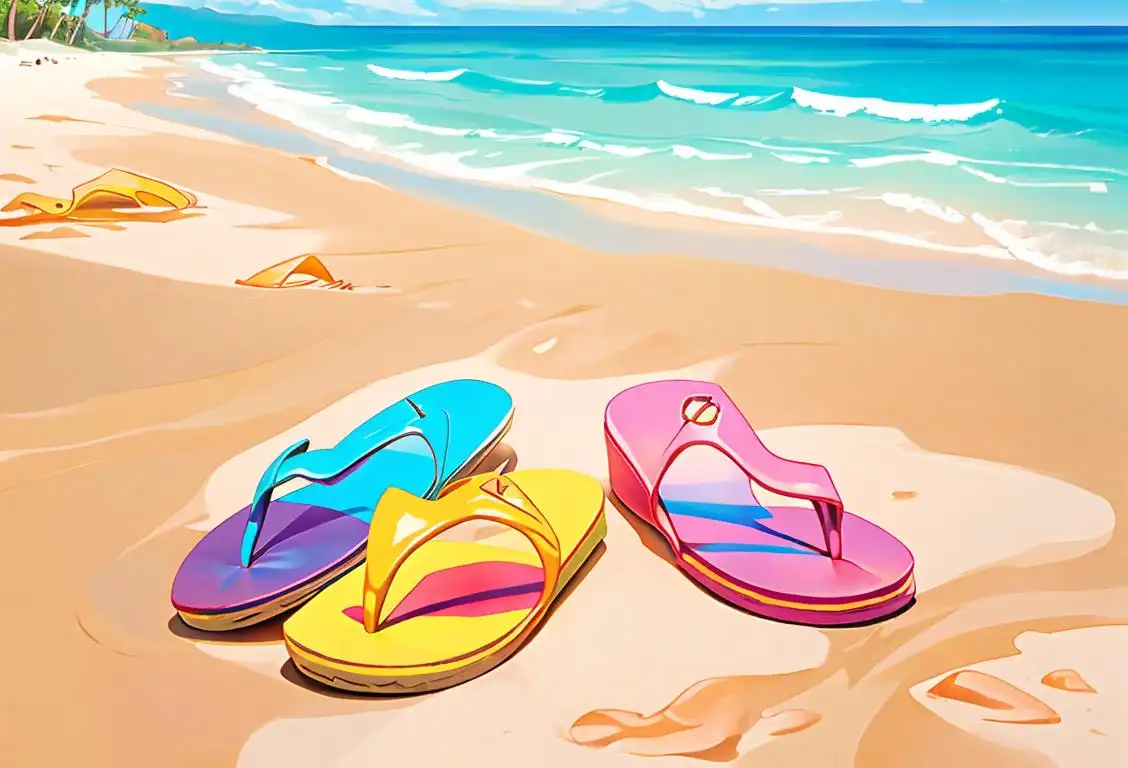 Group of people wearing colorful flip flops on a sandy beach, enjoying the sun and ocean breeze..