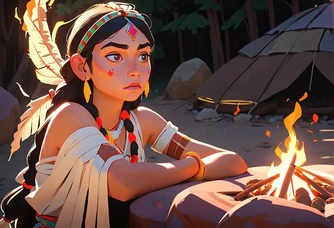 Young girl with beaded jewelry and a feather headband, basking in the warm glow of a campfire, surrounded by Native American artifacts and symbols..