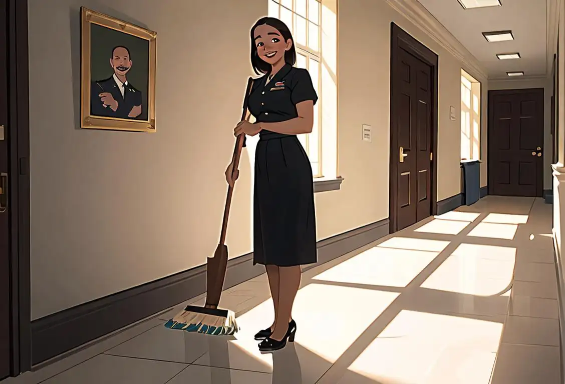 A custodian in uniform, holding a broom, with a friendly smile, in a clean and organized school hallway..