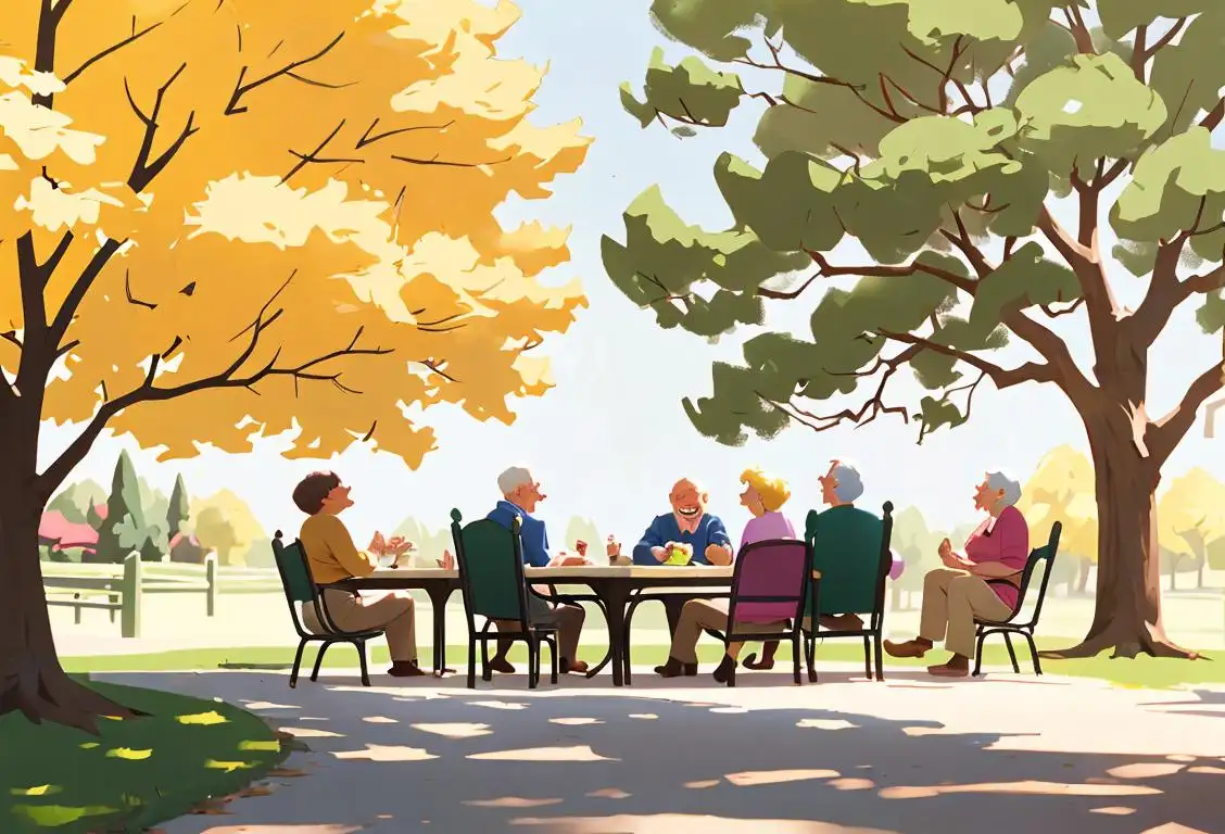 A group of diverse people sitting around a picnic table, laughing jovially as one person tells an old joke. Sunny park setting, casual clothing..