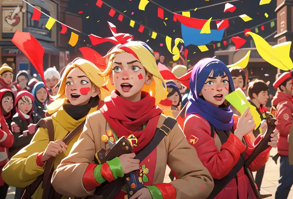 A playful group of people of various ages and backgrounds, wearing colorful outfits, celebrating National Arsenal Day with confetti and streamers in a festive urban setting.