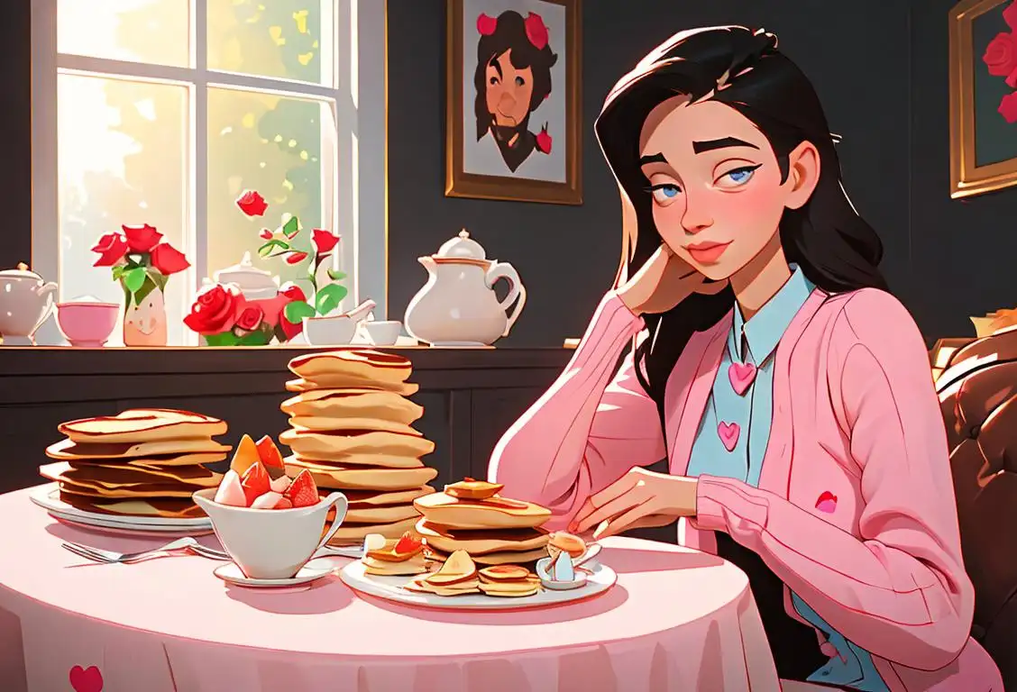 A doting man offering a beautifully decorated breakfast tray to his girlfriend, complete with roses and heart-shaped pancakes, in a cozy home setting..