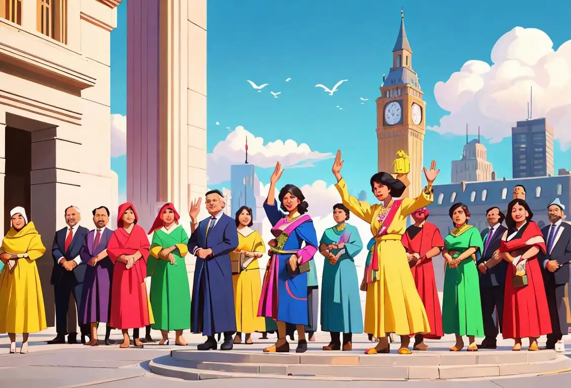 Diverse group of people waving goodbye outside a majestic government building, wearing colorful attire, multicultural fashion, city skyline in the background..