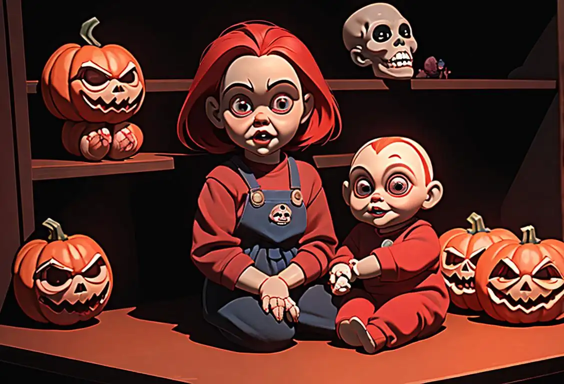 Creepy doll with red hair sitting on a shelf, surrounded by spooky decorations, Halloween-themed setting..