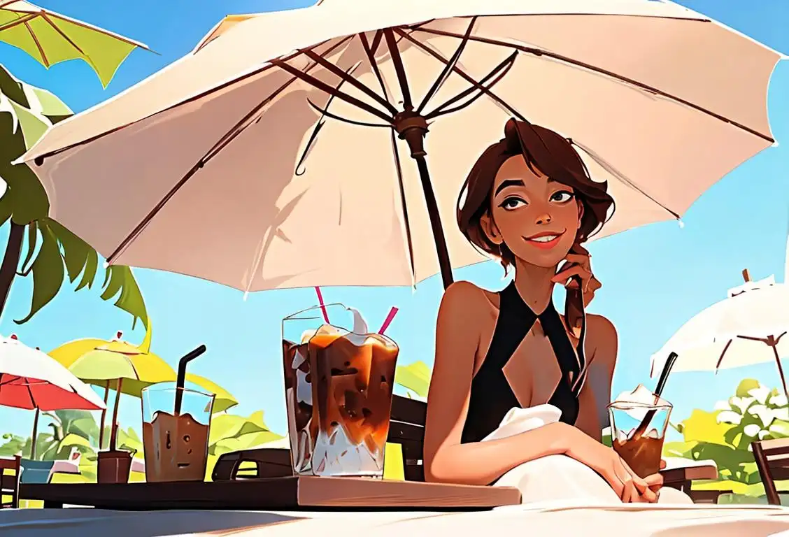 A refreshing image featuring a person enjoying a tall glass of iced coffee, dressed in summer fashion, lounging in a sunny outdoor setting with a parasol. Their smile radiates contentment as they take a delightful sip, showcasing the perfect combination of fragrance, taste, and body in each chilled sip..