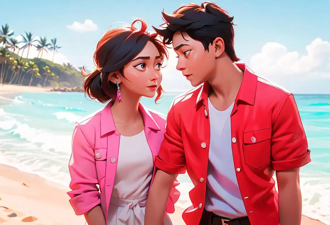 A charming on-screen couple, Kathryn Bernardo and Daniel Padilla, sharing a sweet moment on a scenic beach, dressed in trendy outfits with vibrant colors..