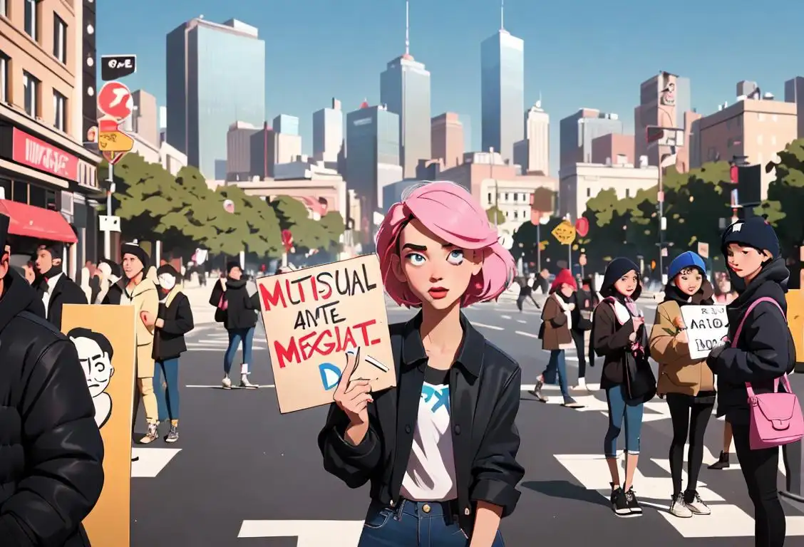 Young adult holding a sign that says 'National Next Day' in front of a bustling cityscape, wearing a trendy outfit, urban fashion, surrounded by diverse group of people..