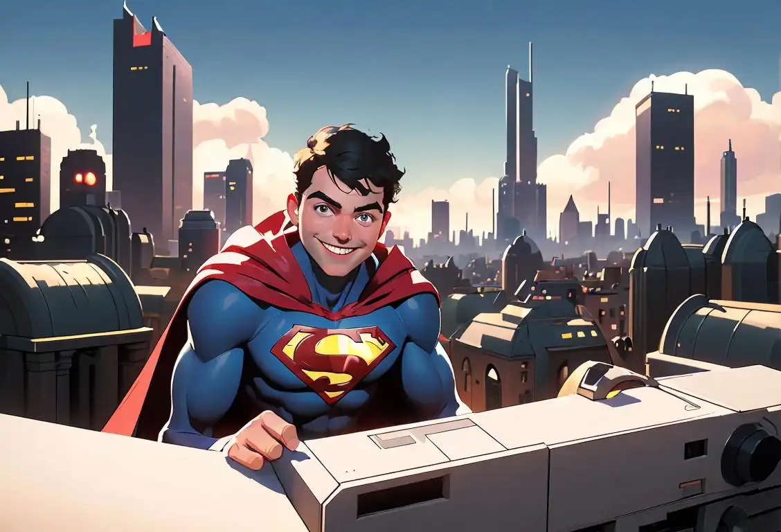 A kind and helpful system administrator with a big smile, wearing a superhero cape and surrounded by a futuristic cityscape..