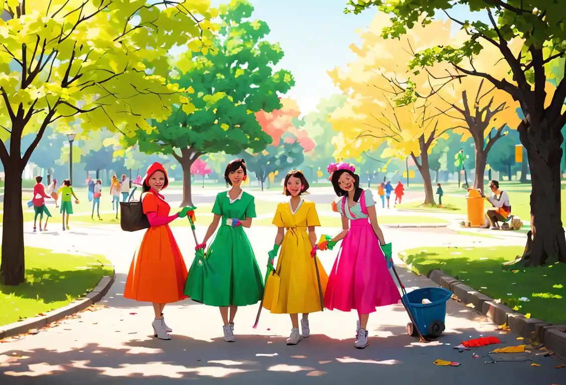 Happy group of people, dressed in colorful outfits, fashionably recycling and cleaning up a park, surrounded by nature..