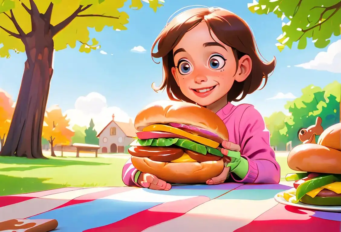 Young child smiling, holding a bologna sandwich with colorful ingredients, picnic scene with a whimsical touch of nostalgia..