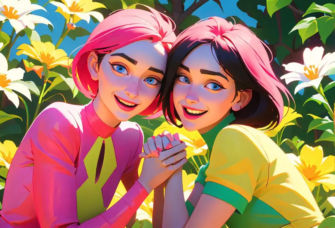 Two joyful people, arms locked, outdoors amongst flowers, wearing vibrant matching outfits, celebrating friendship on National Best Friend Day..