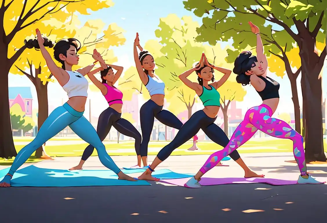A diverse group of individuals wearing colorful leggings and yoga pants, showing off various trendy styles and patterns. Some are seen practicing yoga in a peaceful park setting, while others are enjoying a lively outdoor cafe scene. Different body types and ages are represented, highlighting the inclusivity of these comfortable pants. Additional prompts include a person wearing a flowy tunic top, someone pairing leggings with a stylish sports bra, and individuals confidently strutting their stuff in yoga pants at a boardroom meeting..