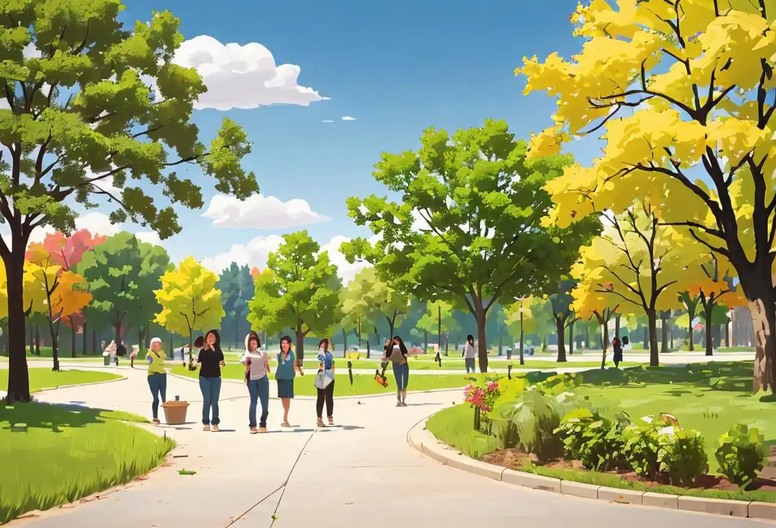 A group of diverse people in clean, crisp clothing, happily engaging in environmental activities like recycling and planting trees, with a beautiful park in the background..