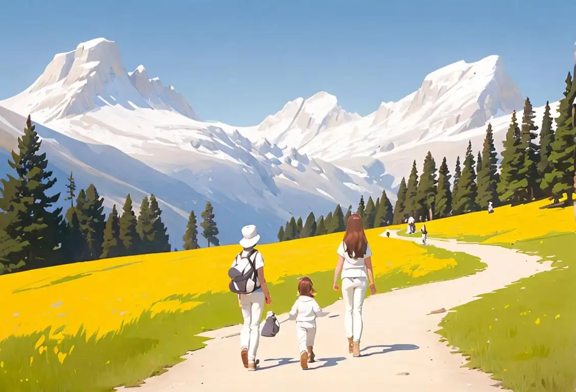 A family of hikers in a stunning national park landscape, wearing crisp white clothing, under clear blue skies..