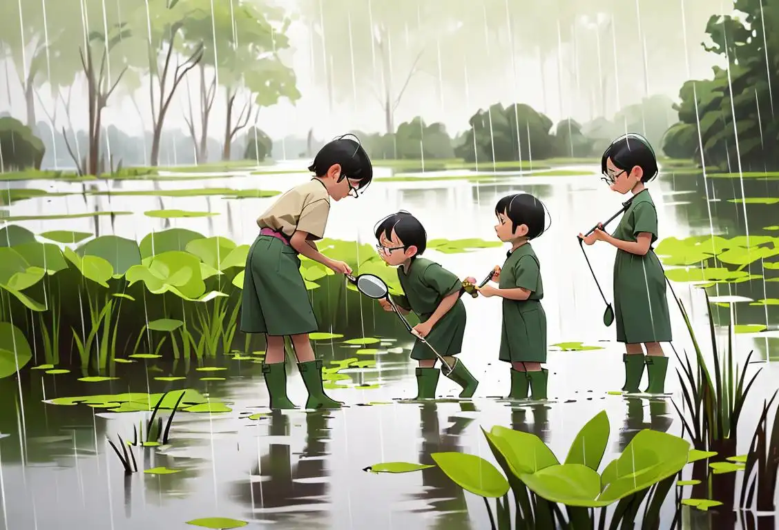 Group of children exploring wetlands, wearing rain boots and holding magnifying glasses, surrounded by lush green plants and wildlife..
