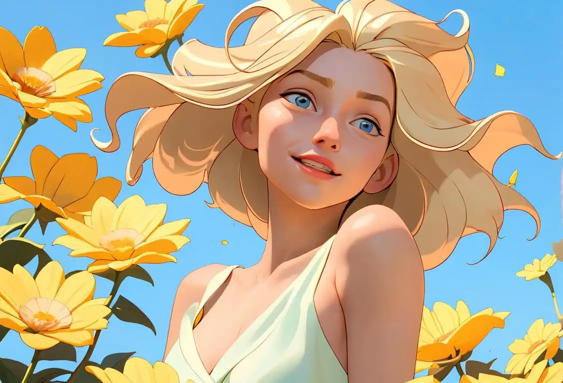 A radiant blonde woman, with golden locks cascading down her shoulders, joyfully flipping her hair in the sunlight. She is wearing a flowing summer dress, exuding a playful and carefree spirit. The scene around her is vibrant, with bright flowers and a clear blue sky. The image captures the essence of National Blonde Day, celebrating the fun-loving nature and unique charm of blondes..