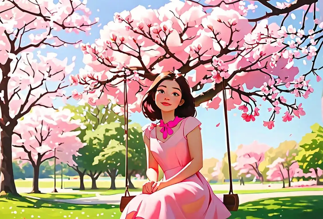 Young woman wearing a flowy dress, sitting on a swing under a blooming cherry blossom tree, embracing the fullness of life on National Full Day..