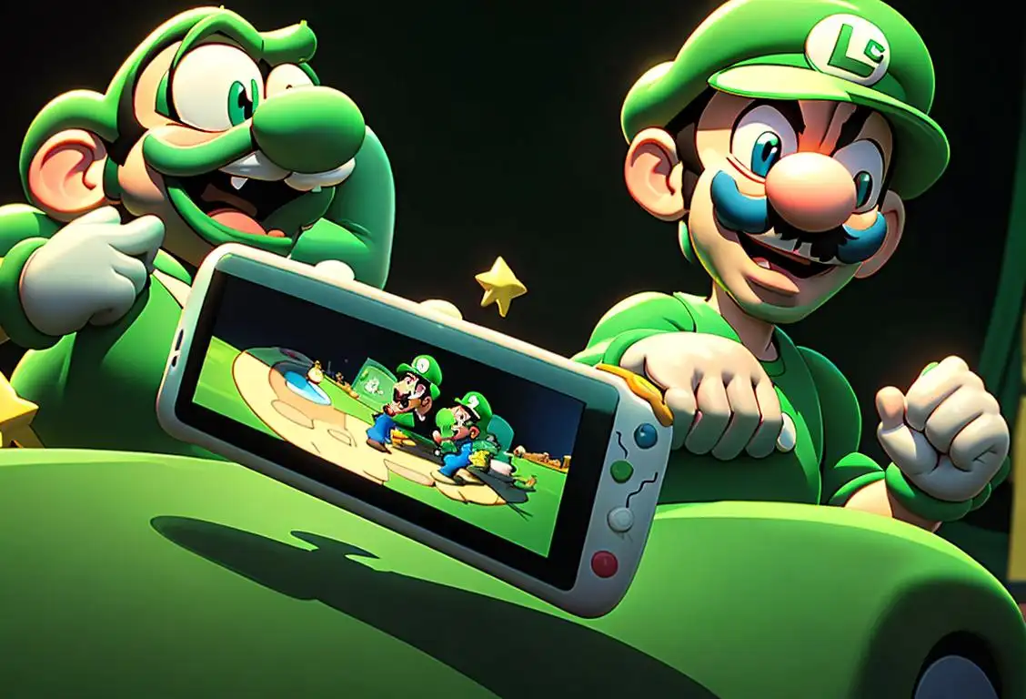 A cheerful person wearing green, playing a video game and holding a Luigi-themed controller, surrounded by Mario characters and items..