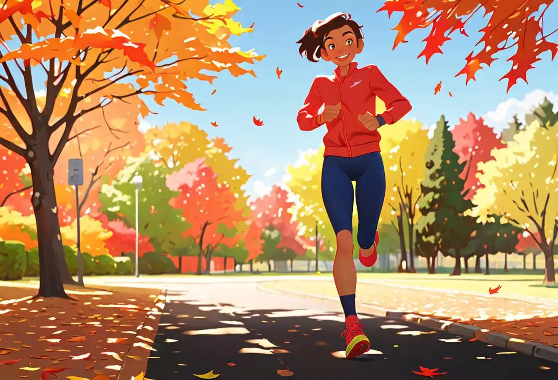 A smiling runner, wearing a vibrant pair of running shoes, sprinting through a scenic park surrounded by autumn leaves..