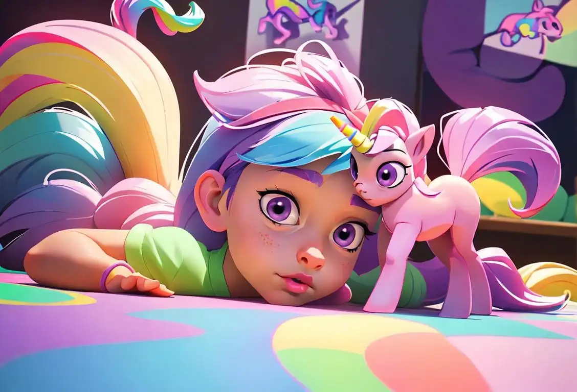 Young person surrounded by colorful My Little Pony toys, wearing a unicorn headband and pastel clothing, whimsical playroom.
