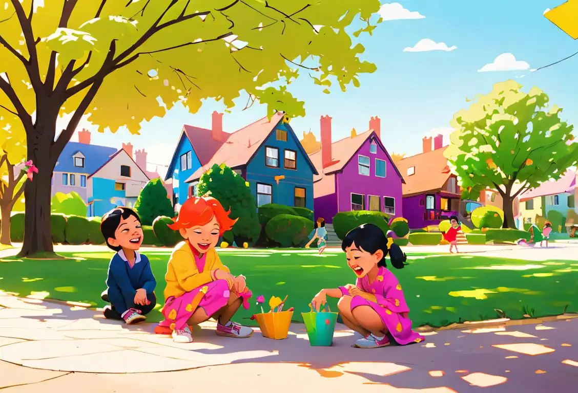 Neighborhood kids laughing while doing arts and crafts, wearing colorful outfits, in a sunny park surrounded by cozy houses..