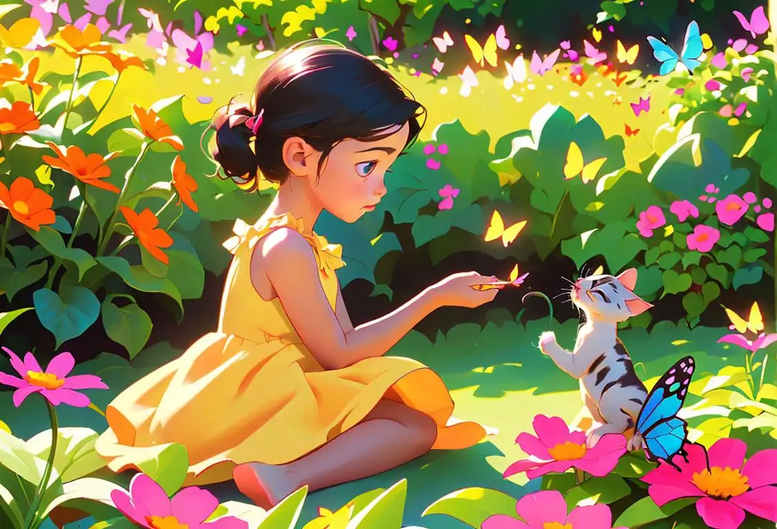 Cute little girl holding a playful kitten, wearing a colorful sundress, garden setting with flowers and butterflies..