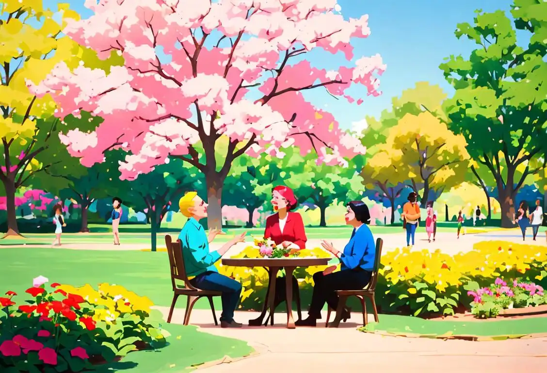 A diverse group of people having a lively conversation using American Sign Language in a park filled with vibrant colors and beautiful flowers..