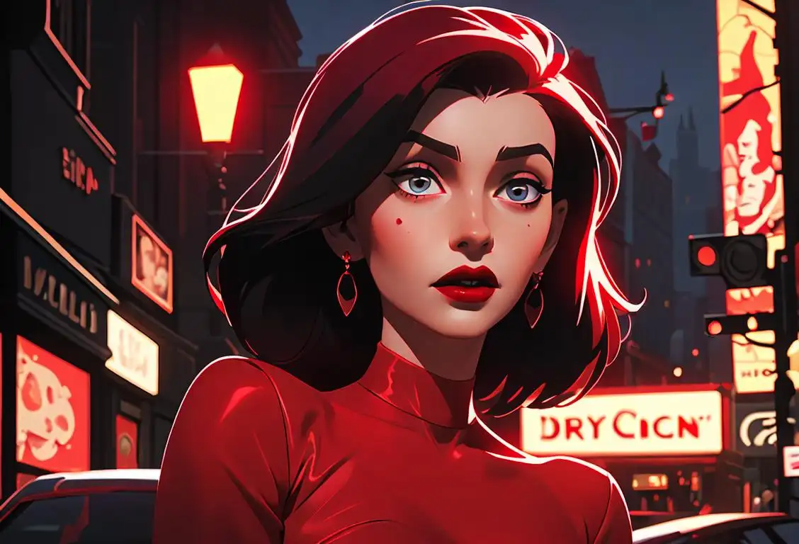 Young woman in a red dress, confidently applying a deep red lipstick, with a background of city lights and a touch of glamour..