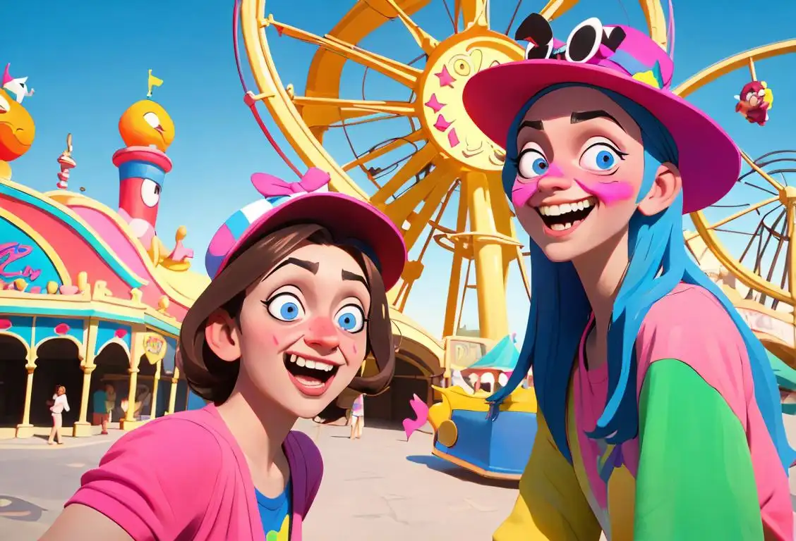 Two friends playfully pranking each other, wearing silly hats, in a colorful amusement park setting..