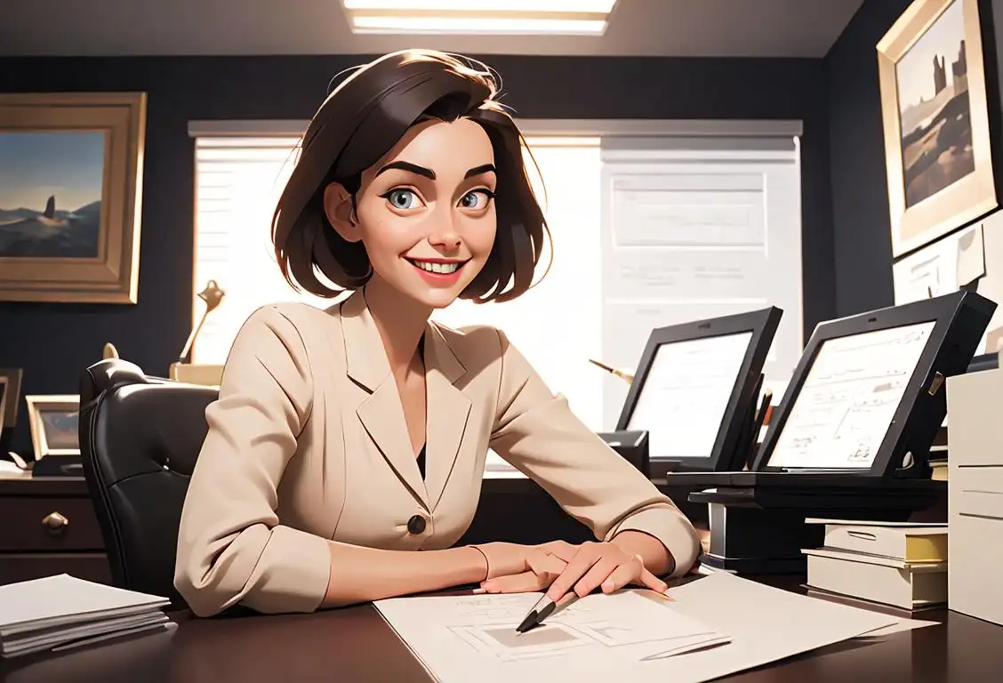 Smiling woman with a neat desk, wearing a professional outfit, office setting..