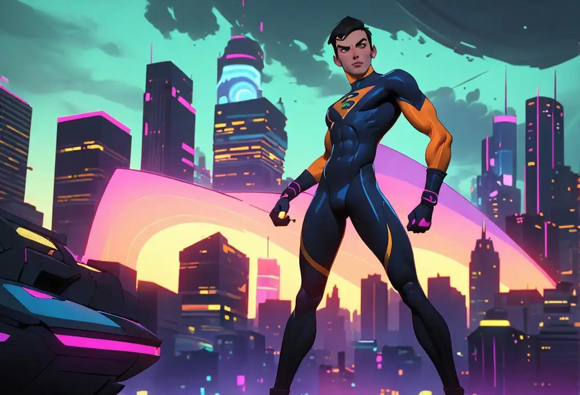 Young man wearing colorful spandex outfit, striking a pose, futuristic cityscape backdrop, with onlookers..