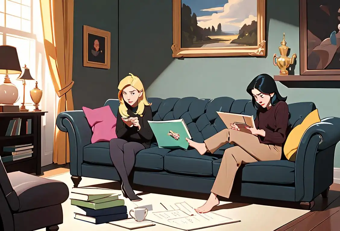 Two friends engaged in a lively debate, both holding books, on a cozy couch in a modern living room..