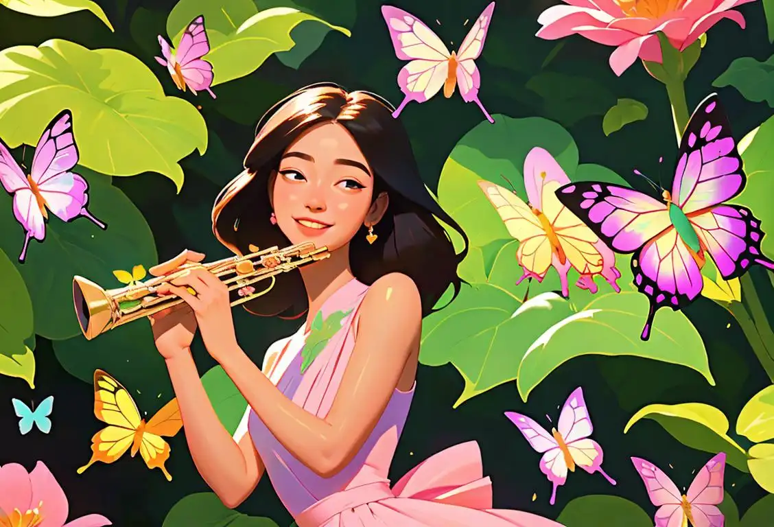 Smiling flutist in a serene garden, wearing a flowy dress, surrounded by colorful butterflies and nature's harmony..