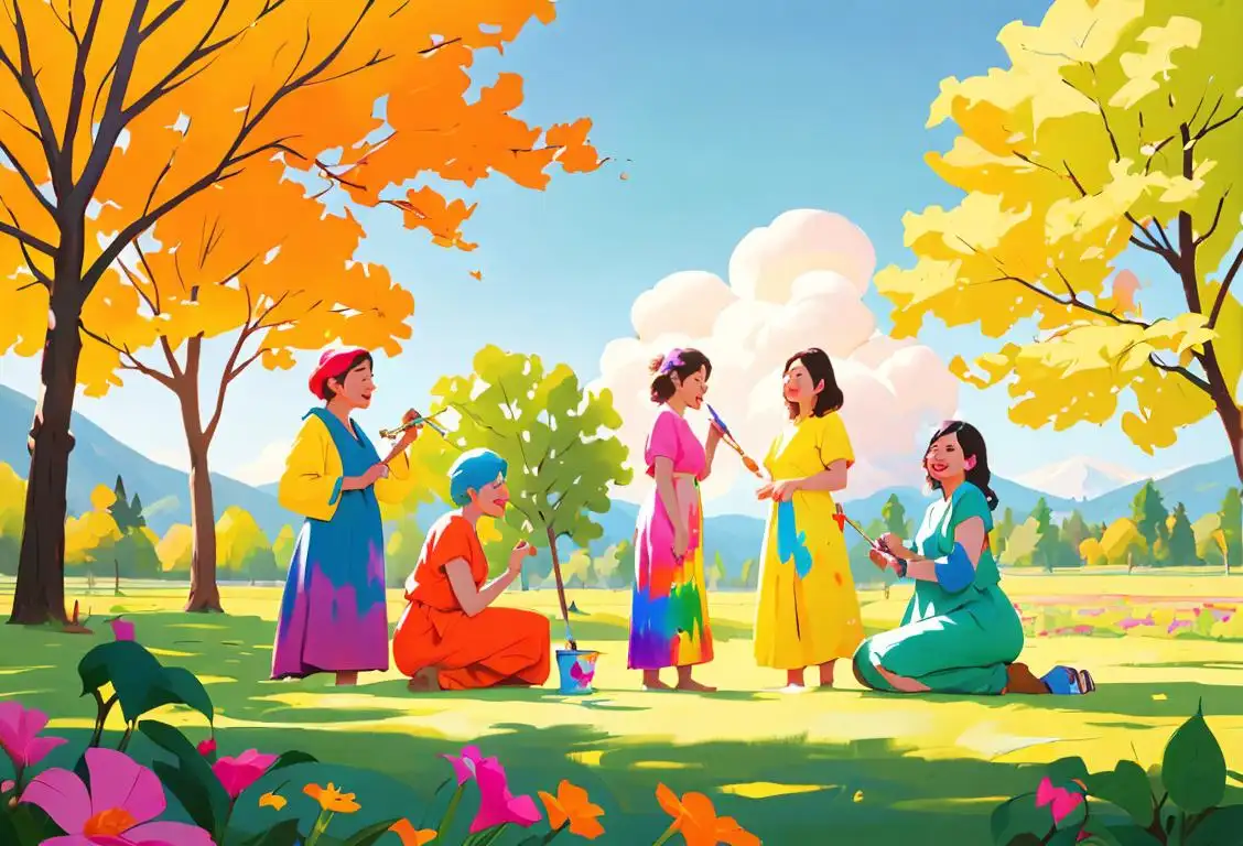 A group of diverse people happily painting together outdoors, wearing colorful clothes and surrounded by beautiful nature..