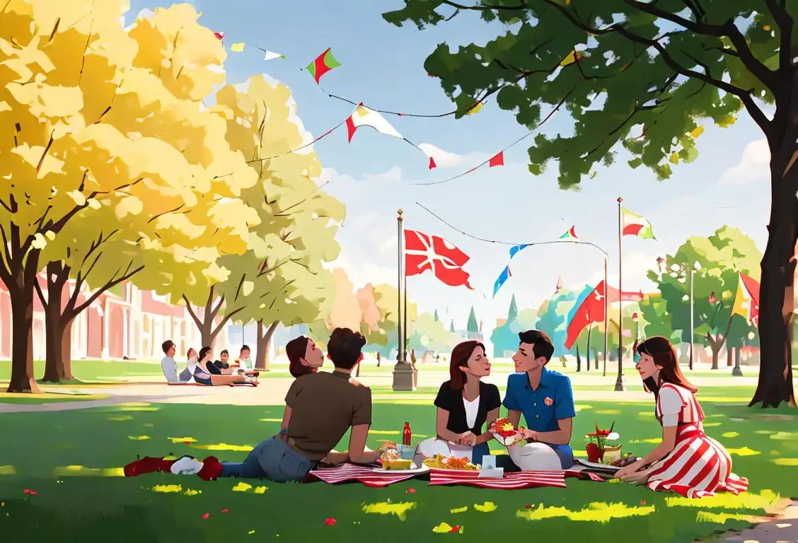 Young adults having a picnic with national flags, wearing stylish casual outfits, urban park setting..