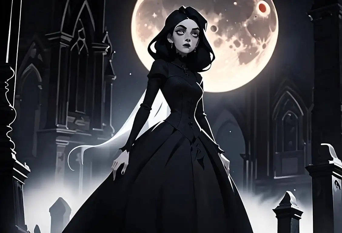Young woman wearing a flowing black dress, standing in a moonlit graveyard, Gothic architecture, ethereal and haunting atmosphere..