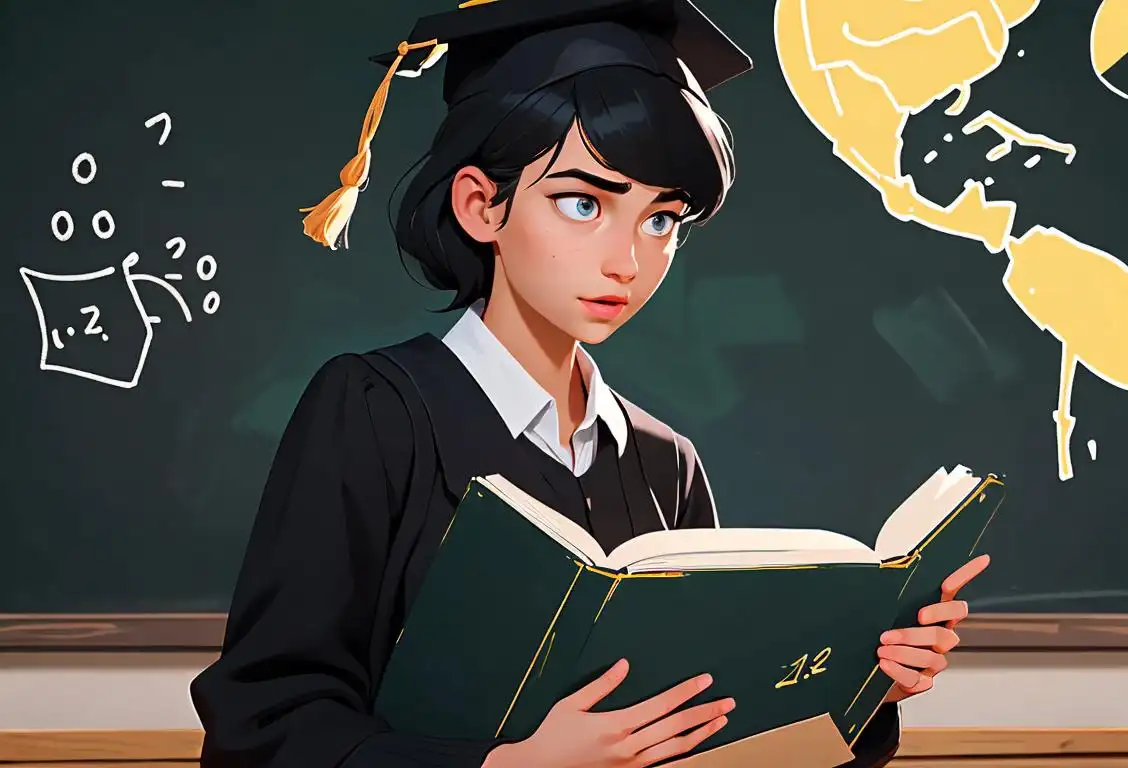 Young person teaching, holding a chalkboard with diverse students, wearing a graduation cap, educational setting with books and a globe..